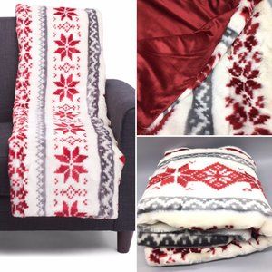 NEW Cynthia Rowley Nordic Red Fair Isle Snowflake Faux Fur Throw Blanket Holiday